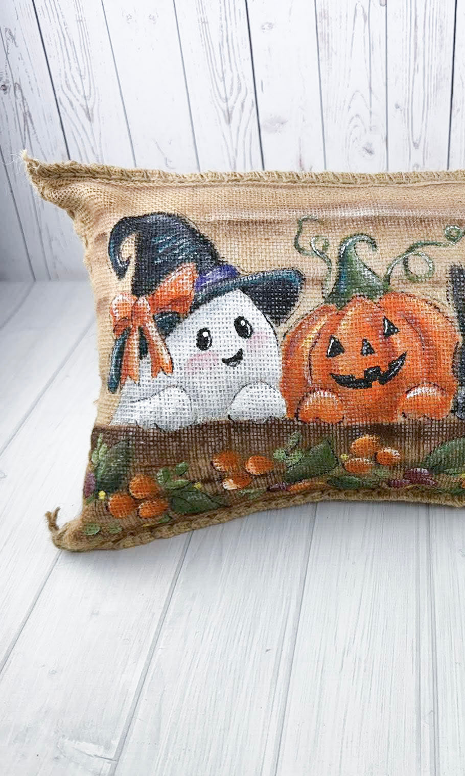 Halloween Porch Pillow | Burlap Spooky Characters Pillow | Ghost Pumpkin Black Cat Scarecrow | Fall Porch Decor