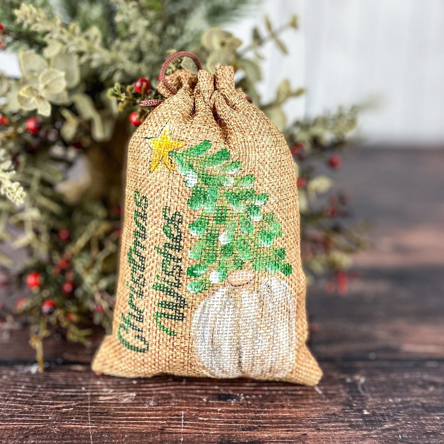 Gnome Christmas wishes burlap bag