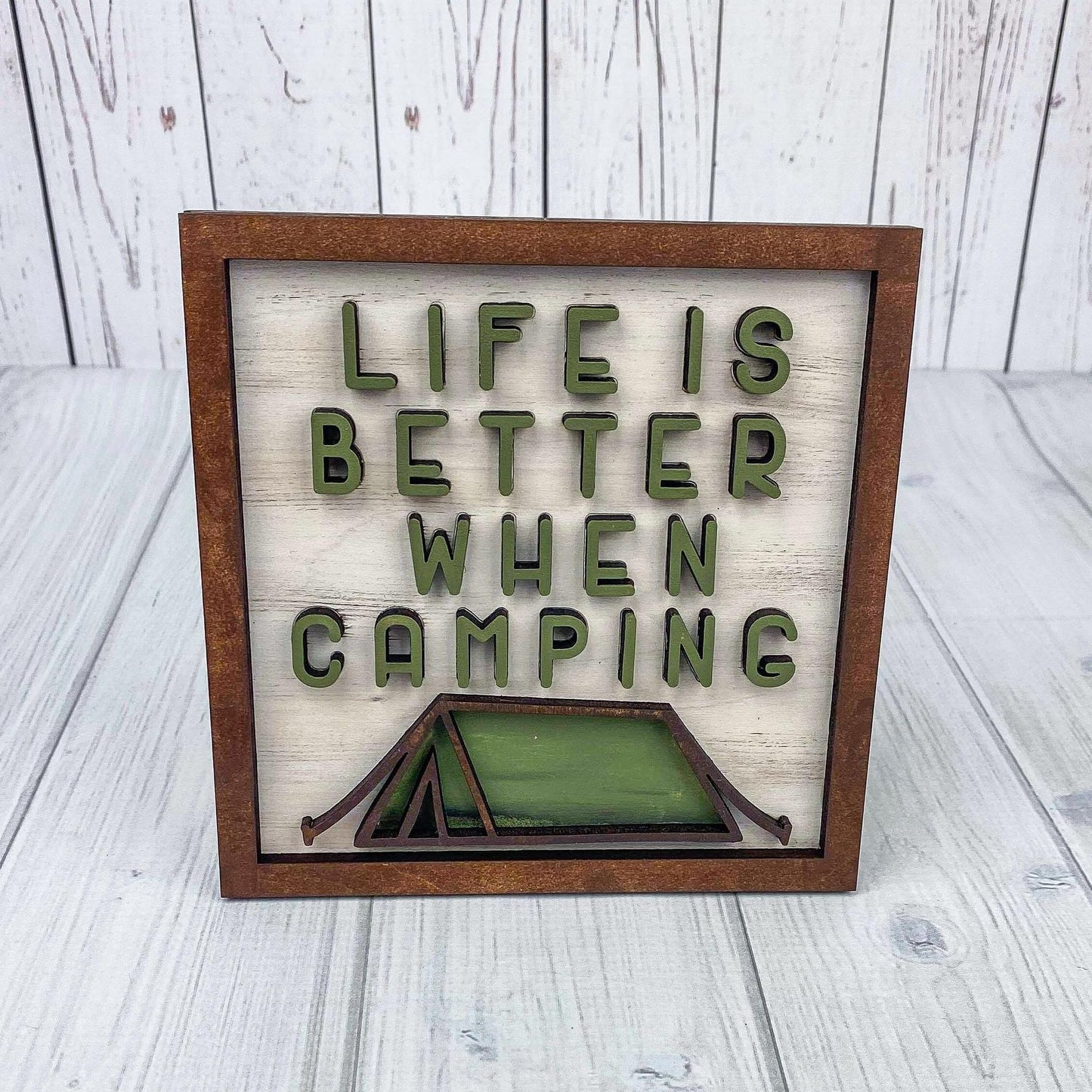 Life is better when camping wood tiered tray sign