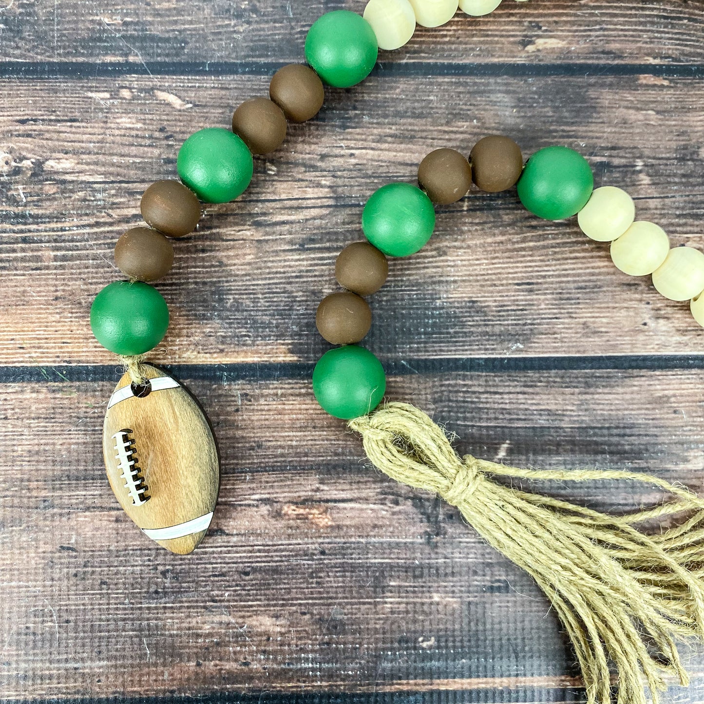 Farmhouse Football Wood Bead Garland, Fall Decor, Tiered Tray Decor, Football Decor, Tailgate Party, Beaded Garland, Garland with Tassel