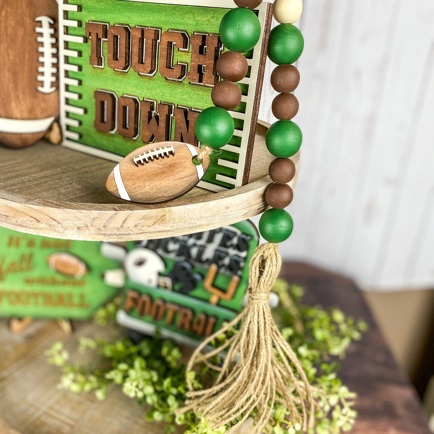 Farmhouse Football Wood Bead Garland, Fall Decor, Tiered Tray Decor, Football Decor, Tailgate Party, Beaded Garland, Garland with Tassel
