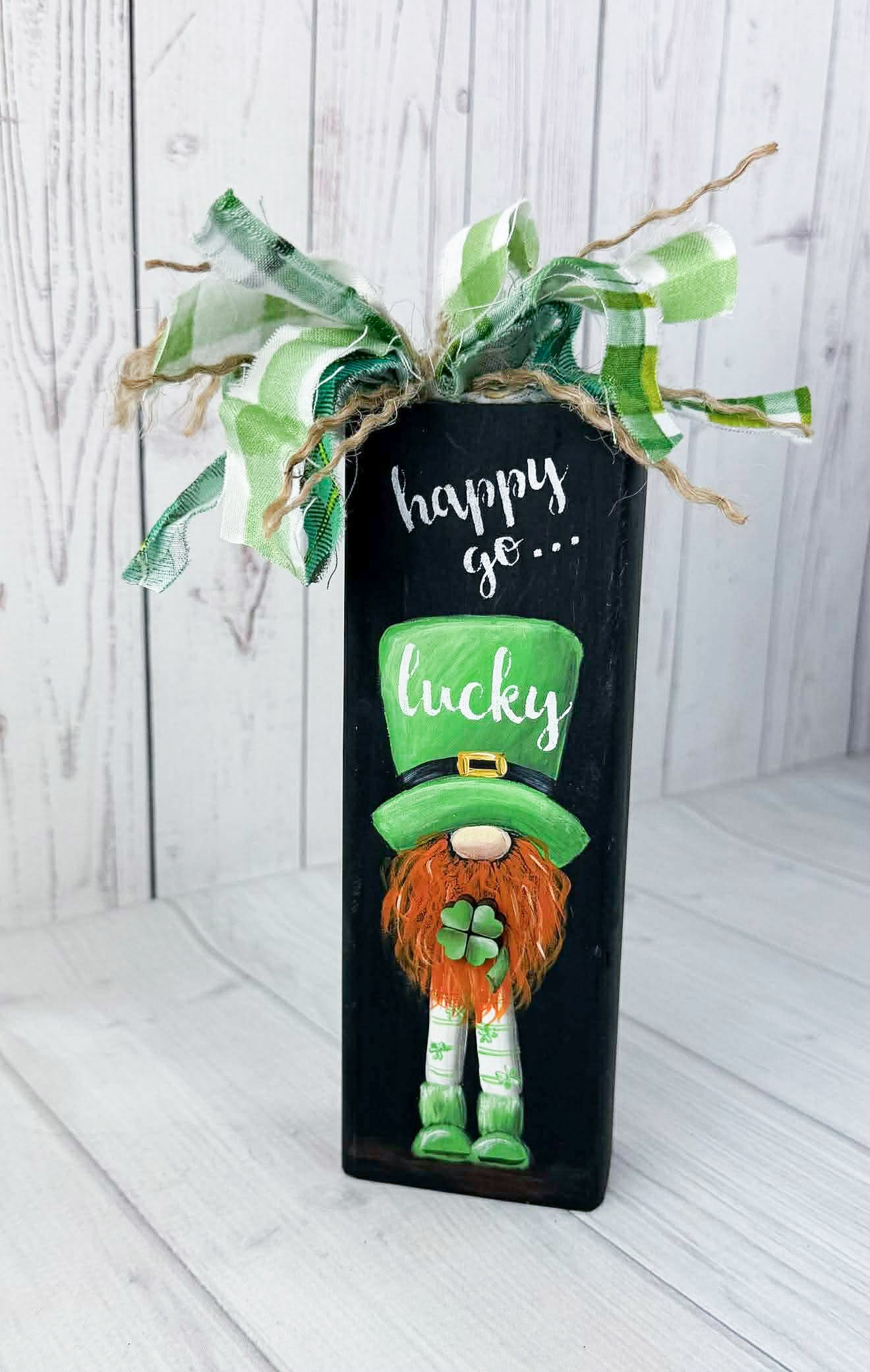 Lucky Leprechaun St. Patrick’s Day Wooden Block Sign – “Happy Go Lucky” Hand-Painted Decor