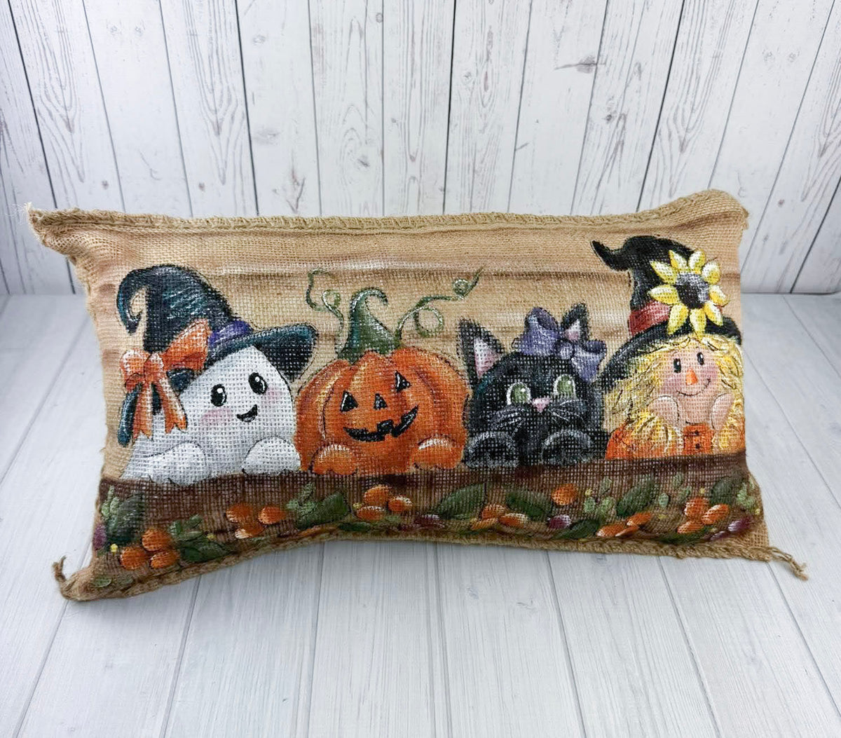 Halloween Porch Pillow | Burlap Spooky Characters Pillow | Ghost Pumpkin Black Cat Scarecrow | Fall Porch Decor