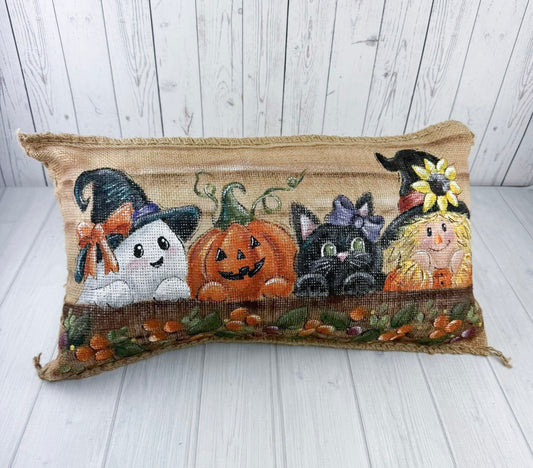 Halloween Porch Pillow | Burlap Spooky Characters Pillow | Ghost Pumpkin Black Cat Scarecrow | Fall Porch Decor