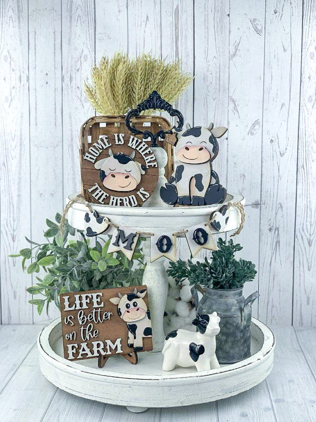 Farmhouse Cow Tiered Tray Decor