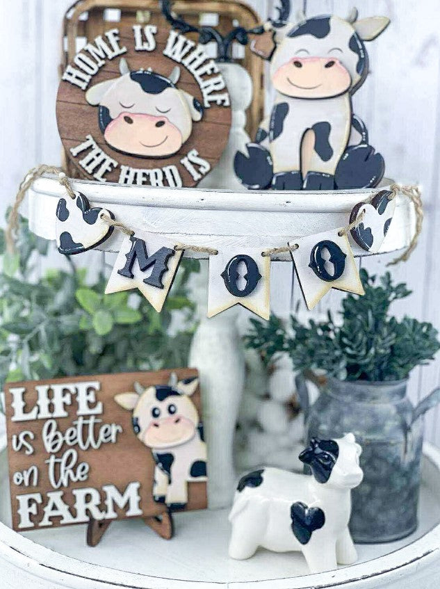 Farmhouse Cow Tiered Tray Decor