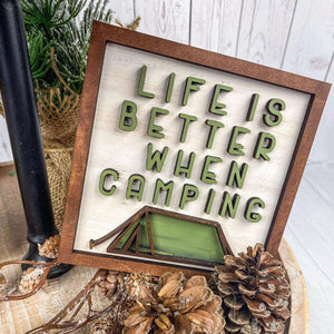 Life is better when camping wood tiered tray sign