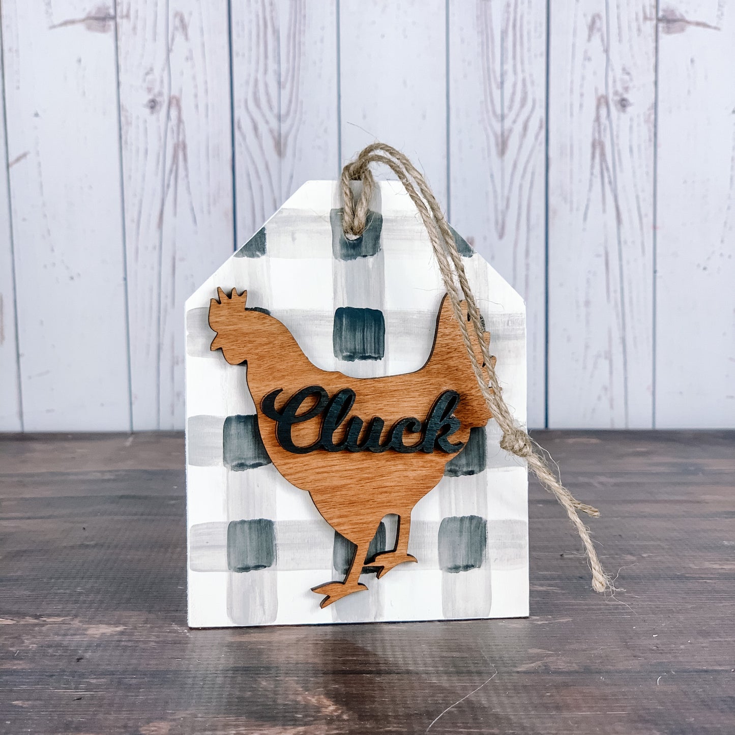 Cluck Chicken Buffalo Plaid Decor- Farmyard Tiered Tray Decor